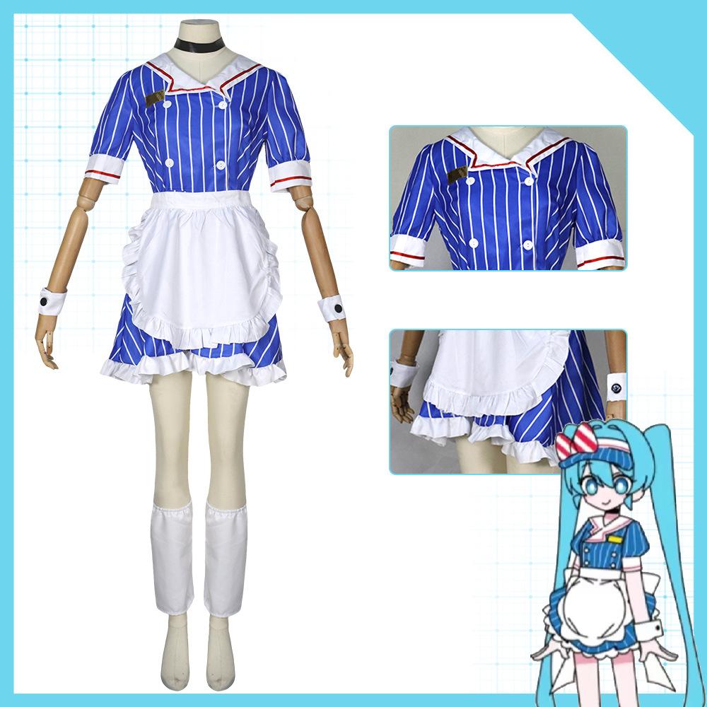 Anime Mesmerizer Vestito da Cameriera a Strisce Grembiule Costume Cosplay Set Completo con Parrucca per Halloween Natale Carnevale Festa