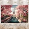2D Paris Eiffel Tower Backdrop, Pink Cherry Blossom & Seine River Background for Wedding Photoshoot