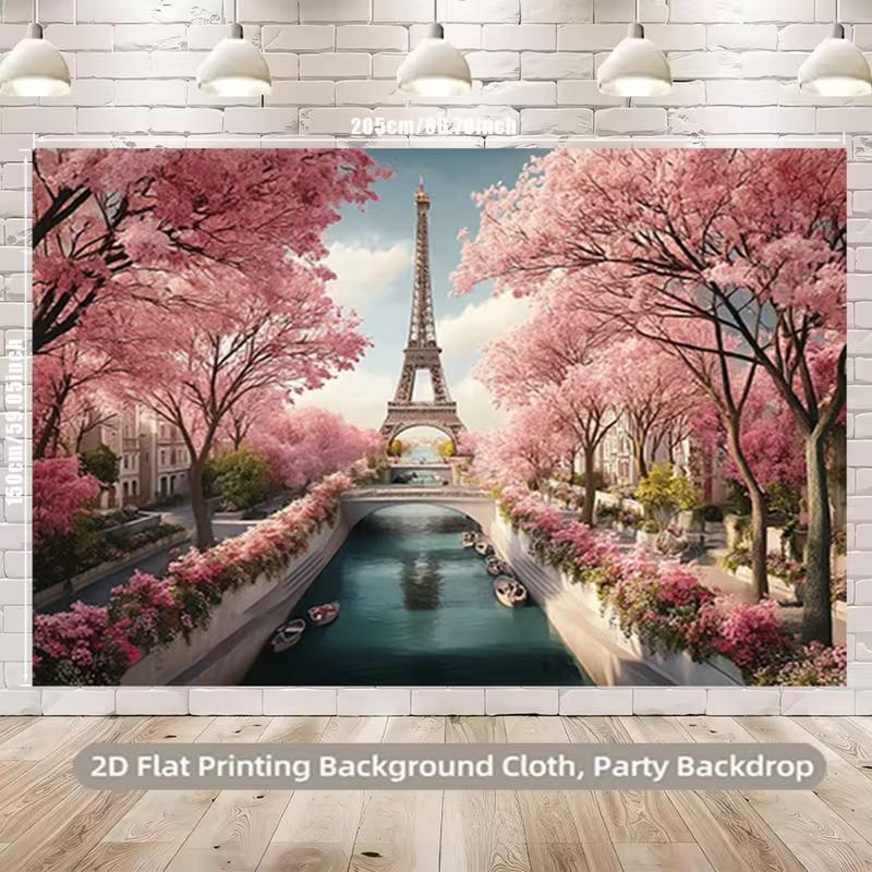 2D Paris Eiffel Tower Backdrop, Pink Cherry Blossom & Seine River Background for Wedding Photoshoot