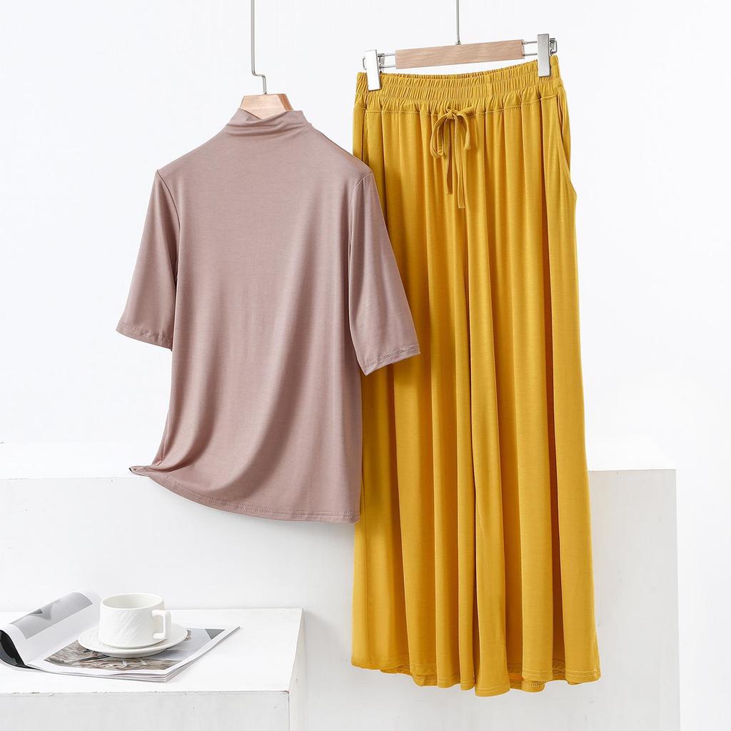 Modal Semi-High Neck Five-Sleeve Shirt & Pocket Wide-Leg Pants Casual Plus Size Two-Piece for Women