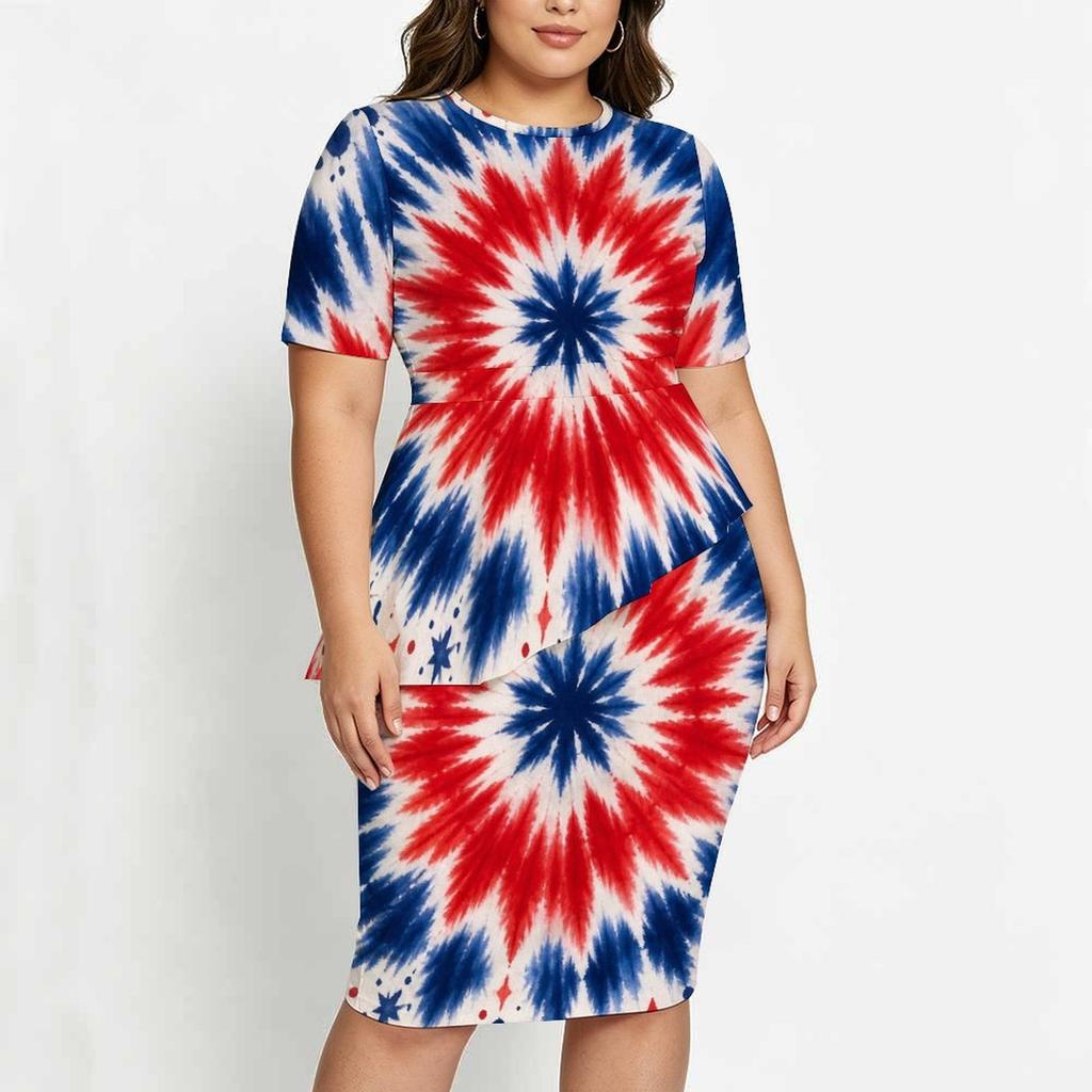 Women Plus Size Round Neck Short Sleeve Navy Blue Printed Asymmetric Top Fitted Skirt Two Piece Set