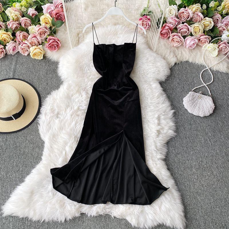 

Autumn and Winter Velvet New Arrival Retro Sexy Sling Dress Tube Top Black L
