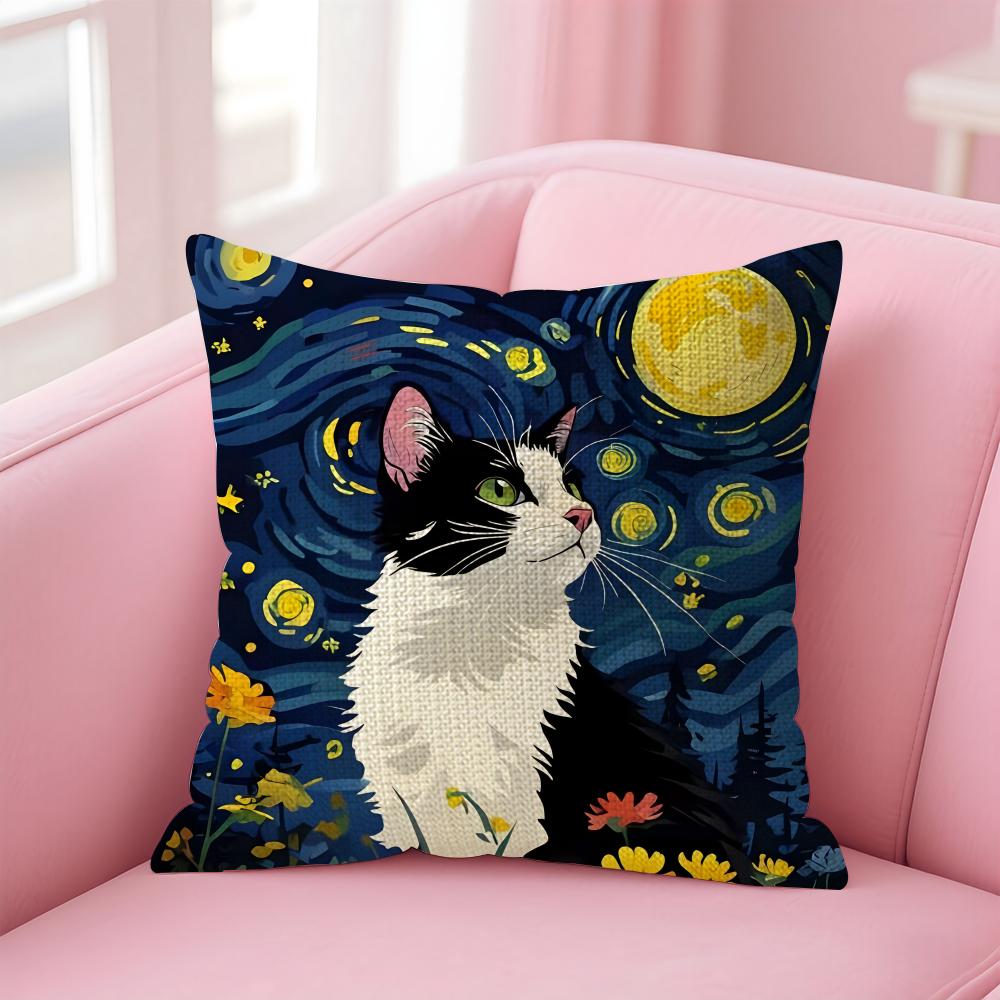 The Starry Night Cat Cushion Cover Natural Linen Pillow Case Double-Sided Print Decorative Sofa Pillowcase Home Decor Gift