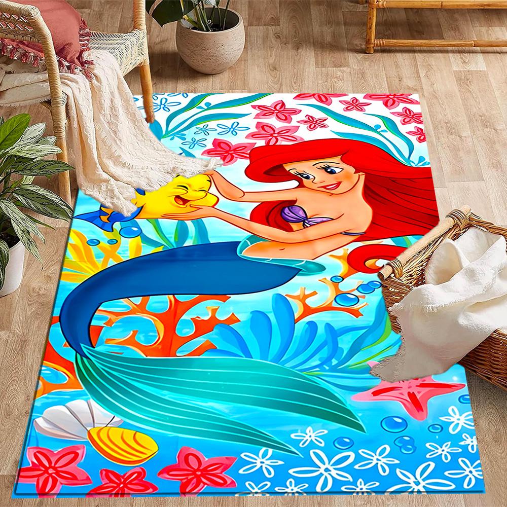 Underwater Mermaid Adventure Disney Cartoon Theme Anti-Slip Rug - Polyester, Home Decor, Suitable for Bedrooms, Living Rooms, Doorways, and Studios