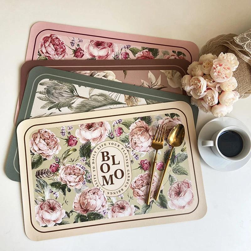 Elegant American Style Floral PU Leather Placemats Heat-Resistant Waterproof Durable Table Mats Dining Room Kitchen