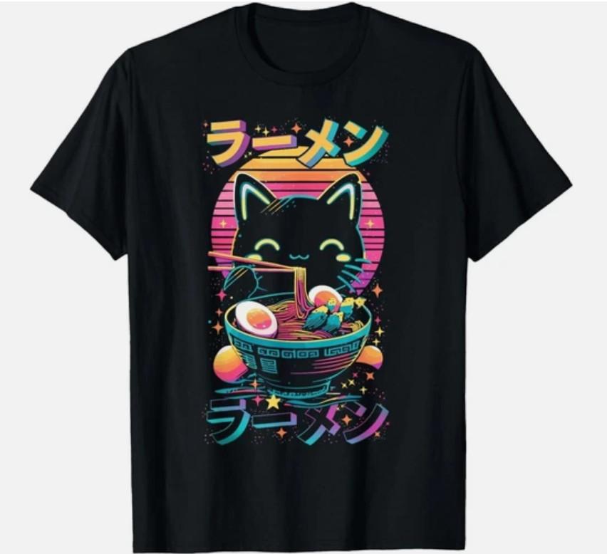 Anime Cat Eating Ramen T- Japanese Food Cat Cute Graphic Unisex Gift Unisex T-Shirt M