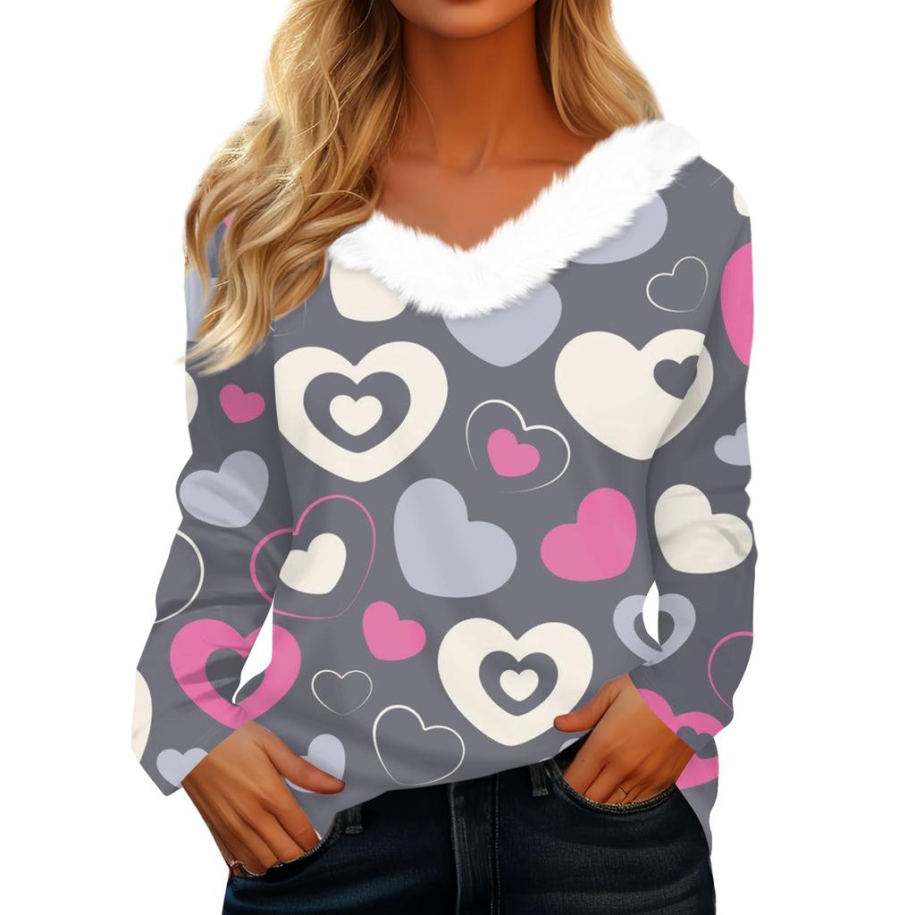 Women's Valentine's Day Printed Long-Sleeved Shirt, V-Neck, Casual Loose-Fitting T-Shirt Top
