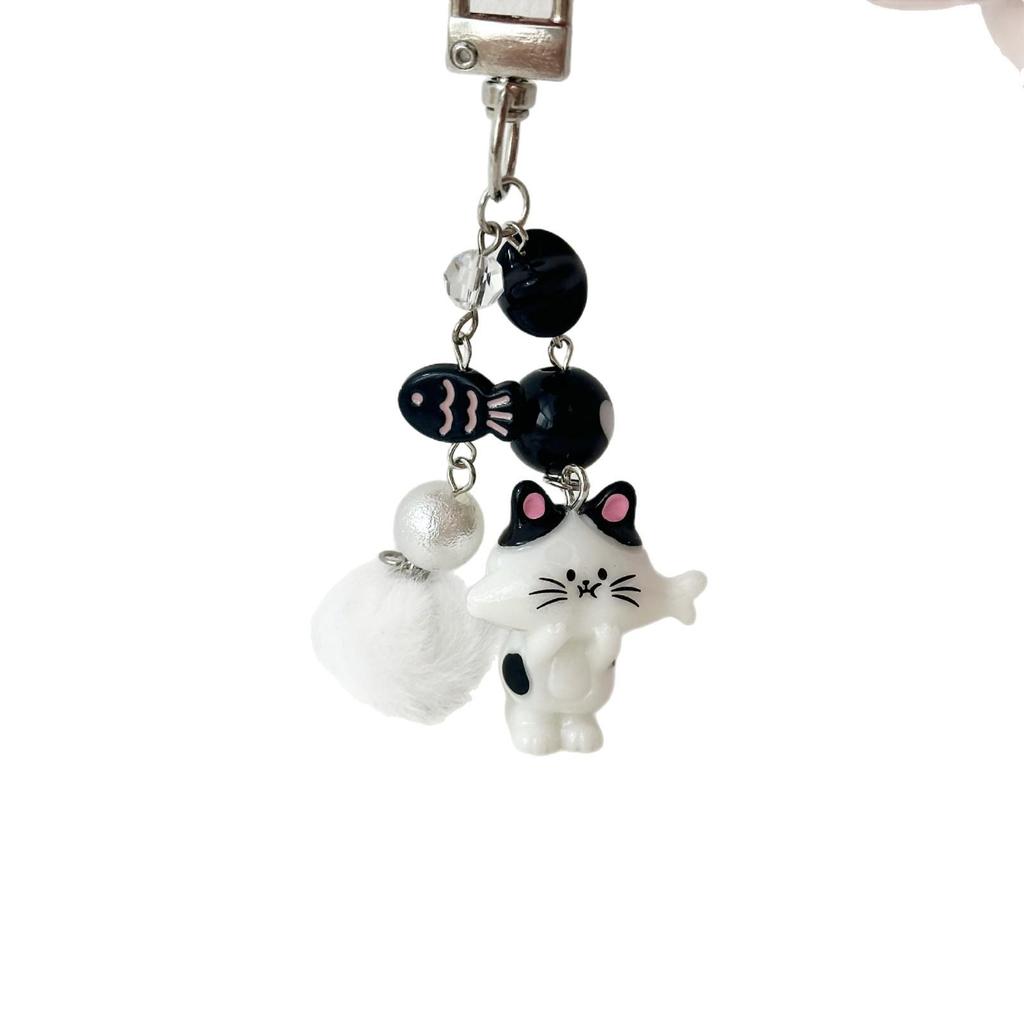 Japanese & Korean Cute Cat Keychain with Heart Pompon & Beaded Phone Strap Pendant