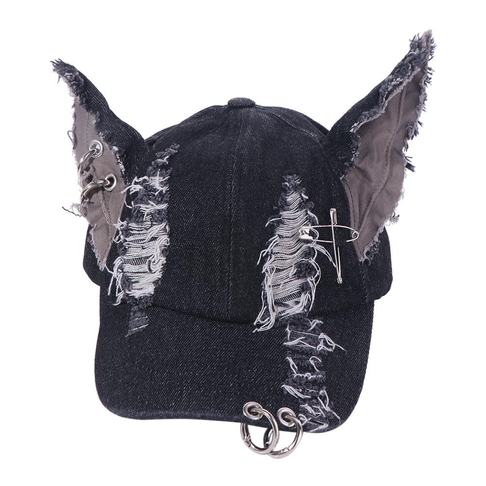 Casual Rabbit Ripped Denim Baseball Cap Y2K Cotton Chains Doberman Ears Hat Hip Hop Retro Bunny Ears Snapback Cap Men