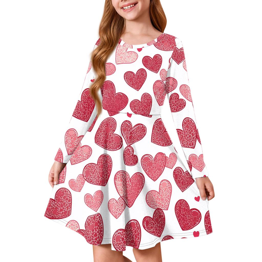 Flickors sommarprinsessklänning, långärmad A-linje t-shirtklänning Alla hjärtans dag