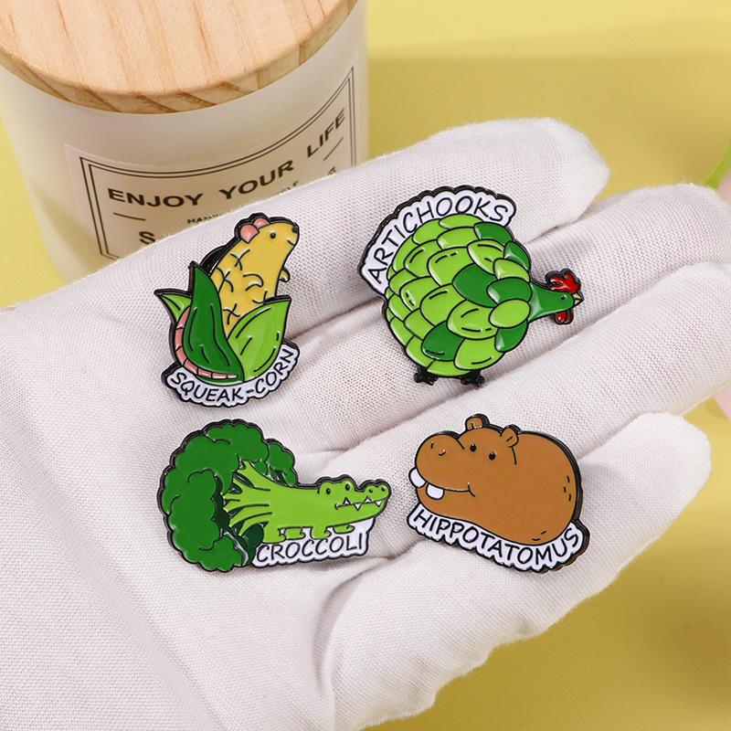 Original Cartoon Enamel Alloy Brooch Mixed Vegetable Animal Corn Mouse Broccoli Crocodile Potato Hippo Chicken Badge for Clothes Backpack
