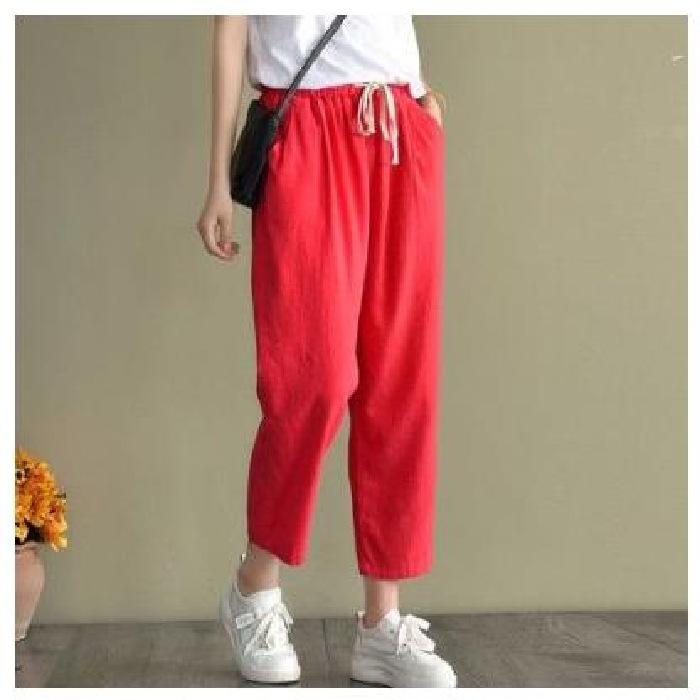Solid Color Cotton and Linen Pants for Woman Vintage Loose Streetwear Harem Trousers Female Casual High Waist Drawstring Pants