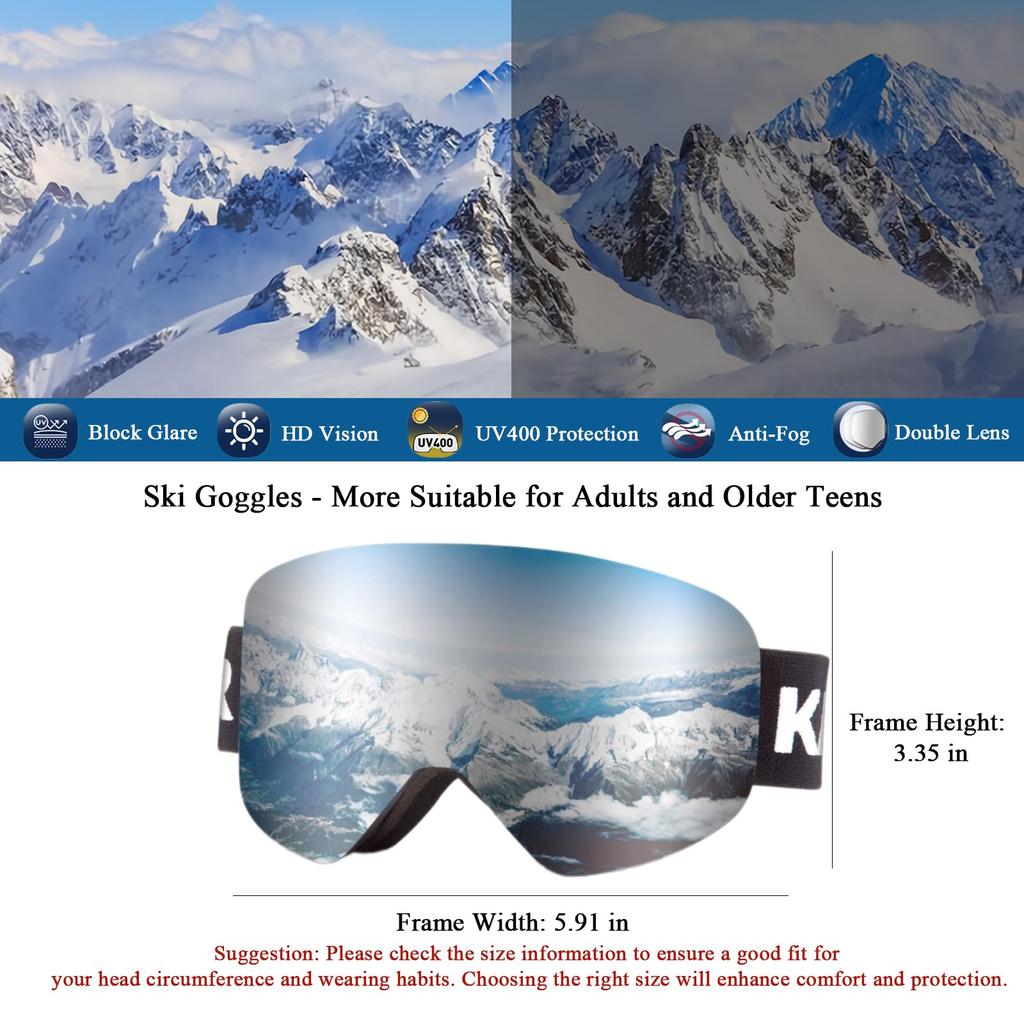 Karsaer Snowboarding and Skiing Goggles with Magnetic Upgraded OTG Double UV Glasses Lightweight and Impact Unisex Sports Goggles for Hiking and