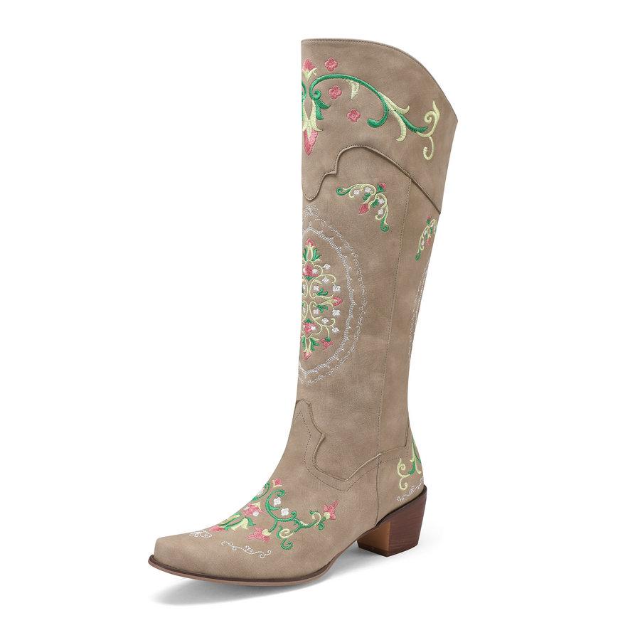 

Cowgirls Western Boots Women s Embroidery Cowboy Boots for Wide Calf 2024 Chunky Med Heels Shoes 4 Seasons Zipper PU Footwear 4.5 абрикосовый