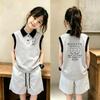 Korean Style Girls' Summer Cartoon Print Color Block Sleeveless Polo Shirt Set