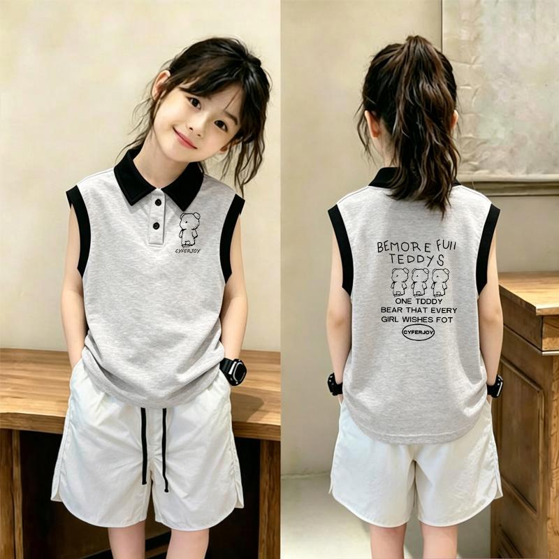 Korean-Style Girls' Color Block Sleeveless Polo Shirt Set - Summer Loose Fit
