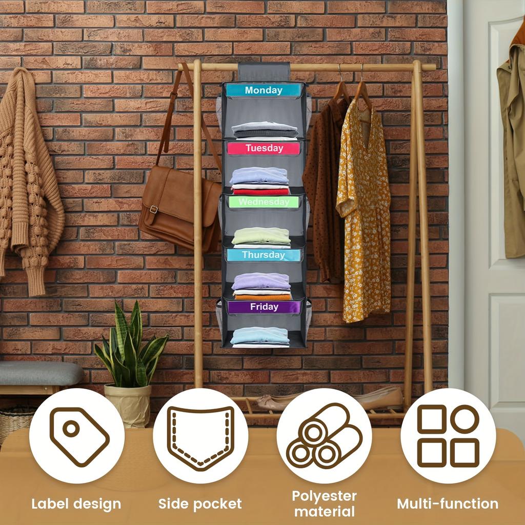 5 Layer Foldable Hanging Storage Bag with Label Hanging Organizer for Adults Kids Weekly Clothes Organization Monday To Friday