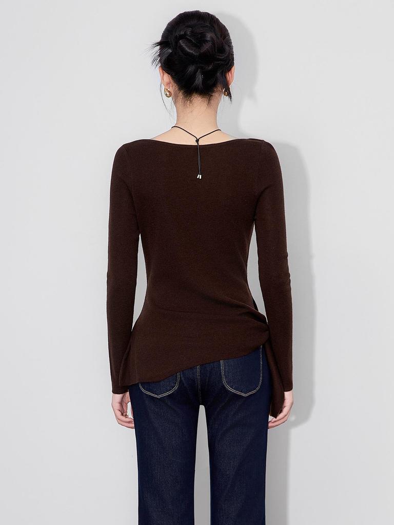 Design Sense Off-Shoulder Tie-Up Wool Knit Top: Minimalist Waist-Defining Long Sleeve for Early Autumn