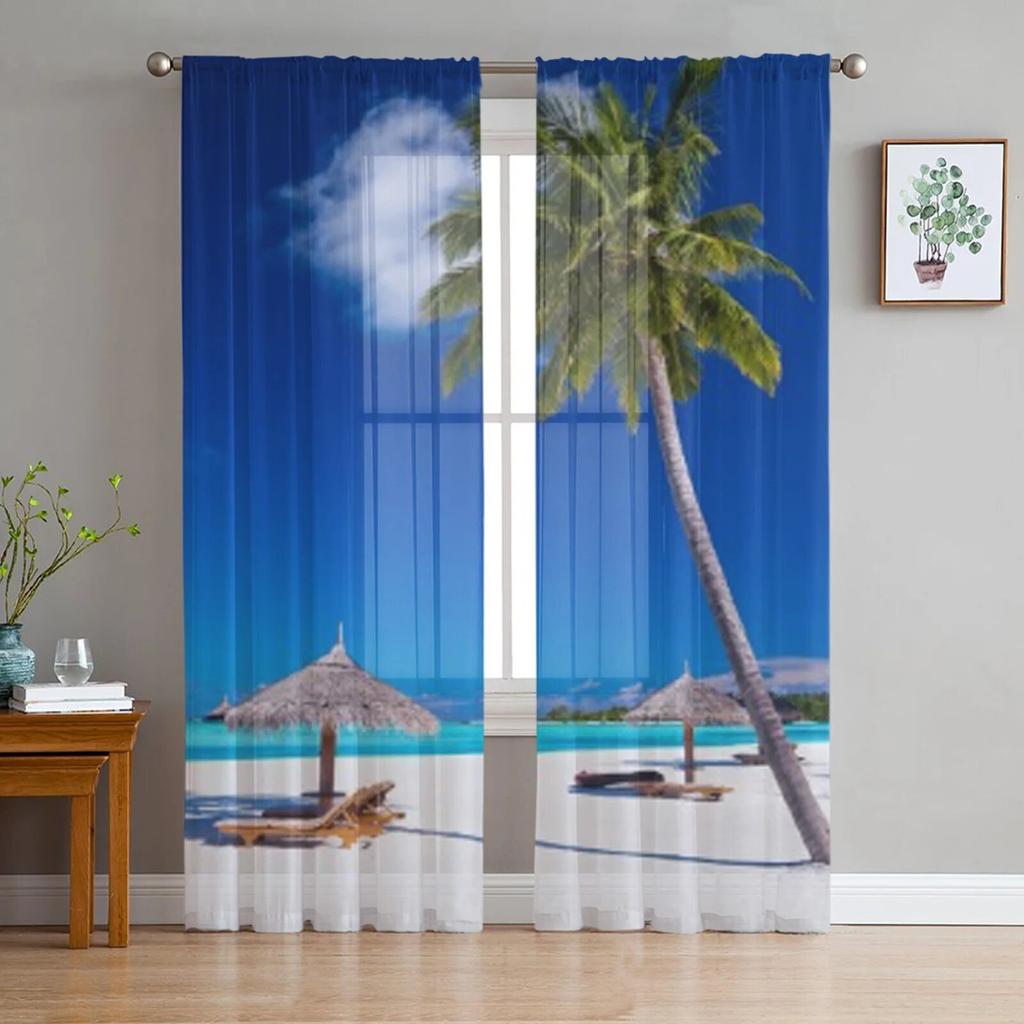 Transparente Vorhänge mit Palmen am Strand für Wohnzimmer, Kinderzimmer, Tüllvorhänge, Küchenfenster, Behandlungsvorhänge