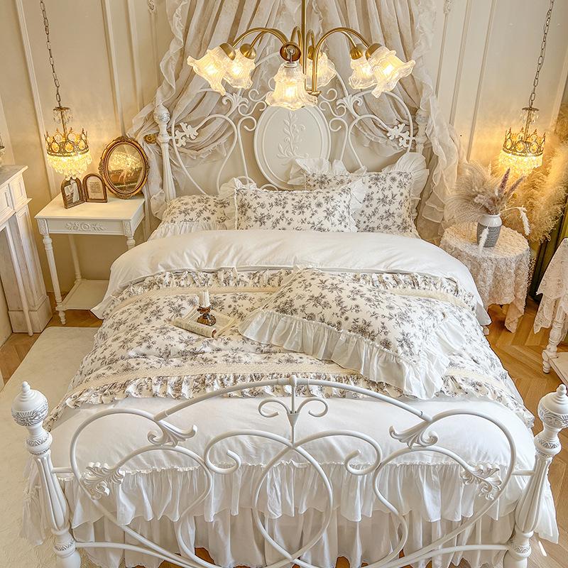 French Retro Princess Style Cotton Bedding Set with Lace Edge