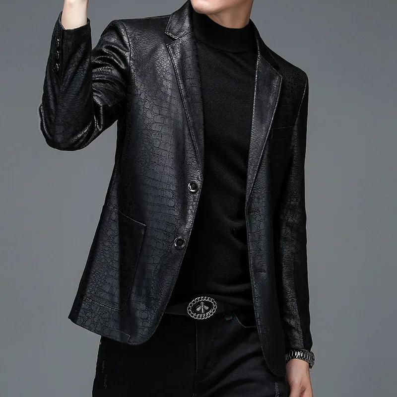 Men's Spring and Autumn Pu Leather Jacket, Suit Collar, Short Casual Suit Jacket