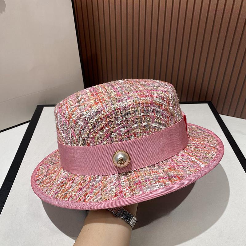 Socialite Delicate And Style European Elegant Pearl Flat Top Jacquard Hat Pink Tweed Top Hat Fashionable Womens Party Top Hat