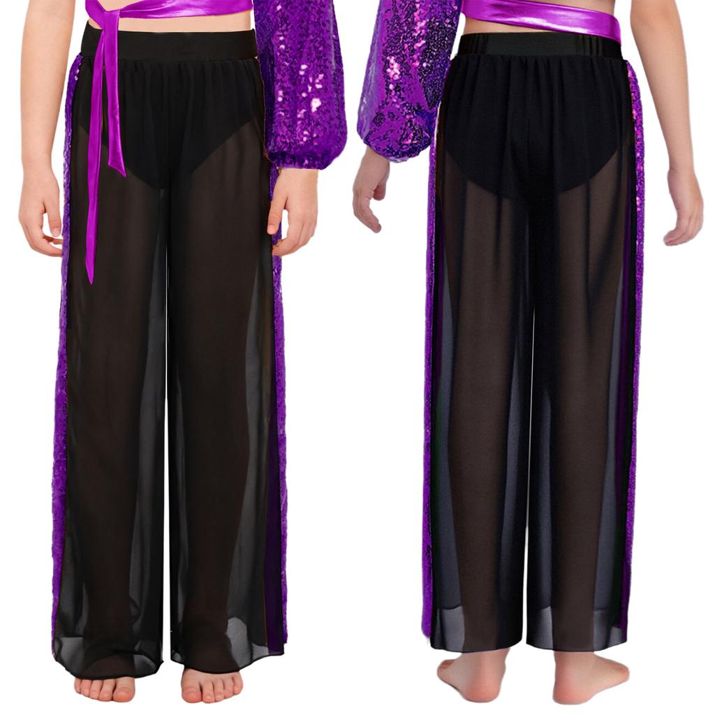 Wedstrijddansbroeken voor meisjes: Elastische Taille Pailletten Patchwork Chiffon Wijde Pijpen Broek voor Lyrische Optredens