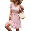 Elegant sweet floral dress pink v-neck ruffle edge dress