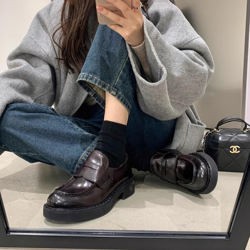 Cowhide Version~ Retro Thick-soled Thick Heel One-pedal Single Shoes Women's Small Leather Shoes