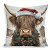 1Pc Christmas Highland Cow Pillow Cover: Festive Cow With Santa Hat & Holly Design, Perfect Gift For Xmas Home Decor