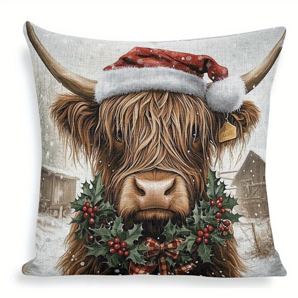 1Pc Christmas Highland Cow Pillow Cover: Festive Cow With Santa Hat & Holly Design, Perfect Gift For Xmas Home Decor
