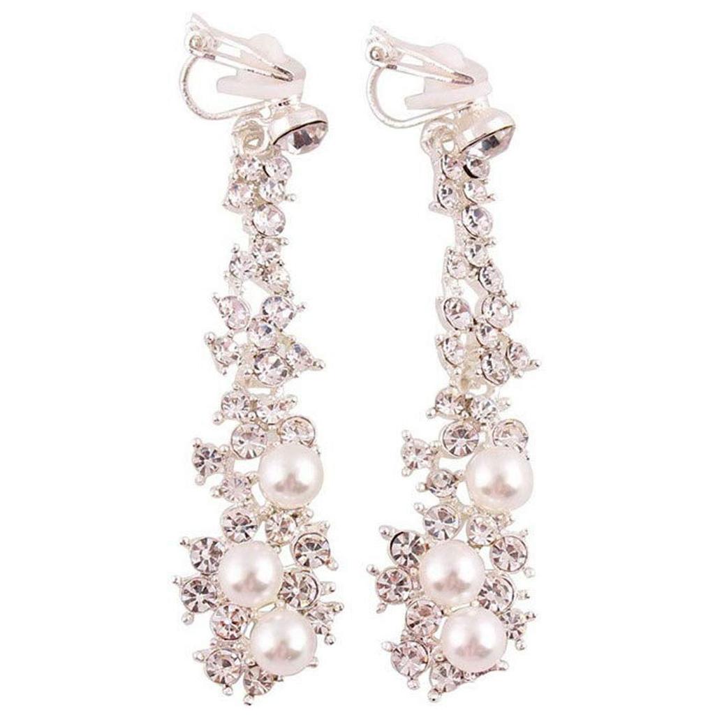 Long Pearl Bijou Earrings 1 Pair Silver 2 Pieces Left and Right Set Zirconia Crystal Ear Clip Charm Rhinestone / (color) CP158/SP