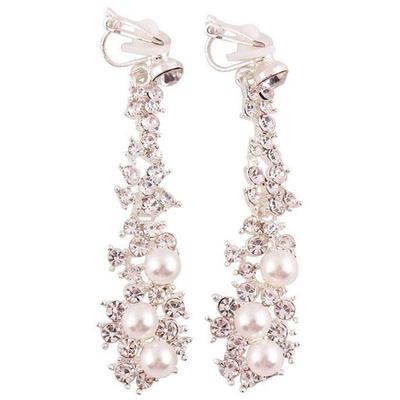 Long Pearl Bijou Earrings 1 Pair Silver 2 Pieces Left and Right Set Zirconia Crystal Ear Clip Charm Rhinestone / (color) CP158/SP