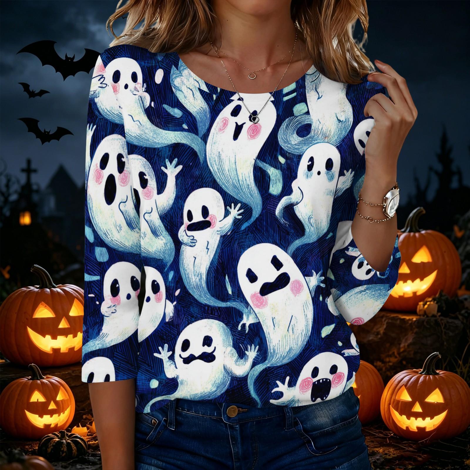 Women s Casual Halloween Printed Crew Neck Three Quarter Sleeve T Shirt Top Lightweight Comfortable Fit XXXL фиолетовый