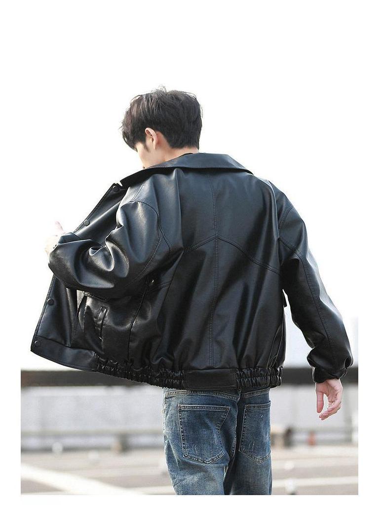 Trendig lös skinnmotorcykeljacka i koreansk stil för män - Pilotjacka för vår/höst, ny studentmodetrend.