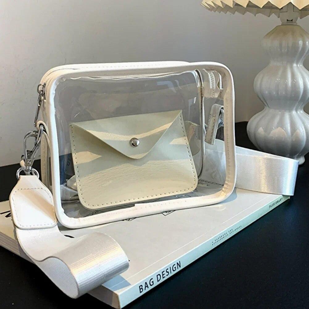 Sommer-Einkaufstasche für Damen, PVC, transparent, durchsichtig, Stadiontasche, modisch, tragbar, schlicht, elegant, verstellbarer Riemen mit kleinem Kartenetui