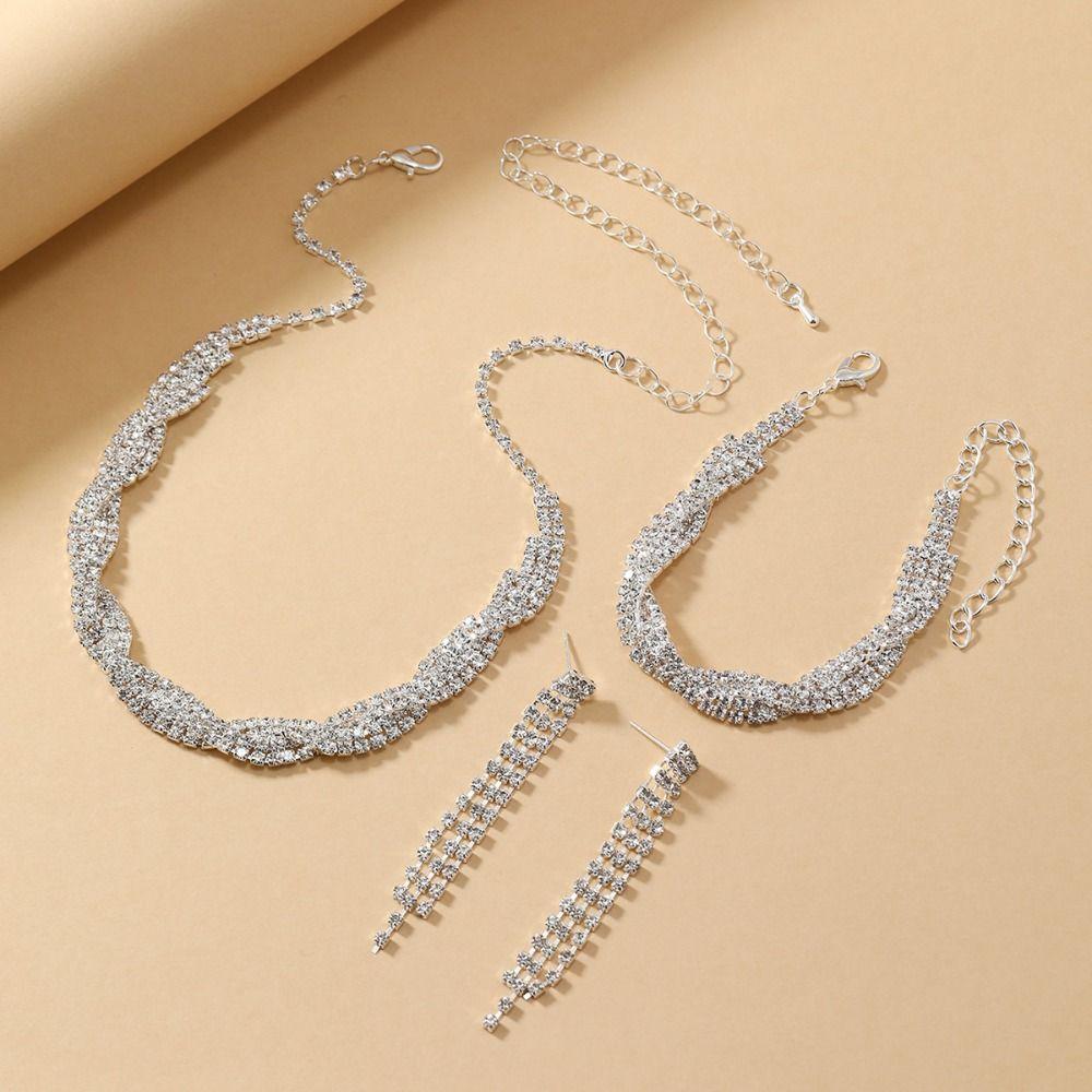Geometric Wedding Bride Jewelry Sets Neckchain Rhinestone Tassel Earring  Gift
