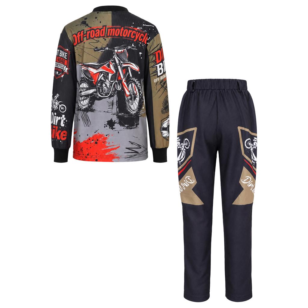 Kinder Jungen Bedruckter Motocross Anzug Off-Road Motorrad Rennanzug Rundhals Langarm Oberteil mit Elastischem Bund Taschen Hose