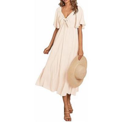 Summer Women's Dress Bowknot V-Neck Pleated Mid-Length Short Sleeve Dresses