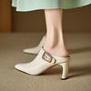 Fashion 2025 Summer New Covered Toe Genuine Leather Slippers Women Thick Heels Casual Mules High Heels Daily Walk Cow Leather Slippers