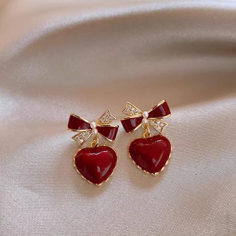 Bowknot Crystal Red Color Heart Pendant Earring for Women Sweet Gift Simple Geometry Temperament Creative Jewelry Accessory