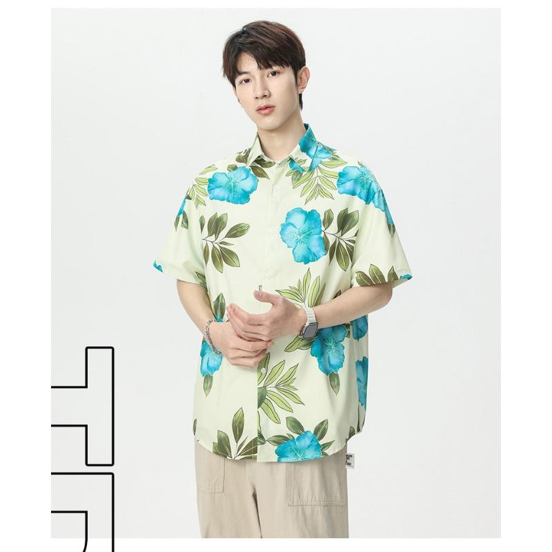 Men's Oversized Floral Print Short Sleeve Shirt - Light Green Hawaiian Casual Button Down Top