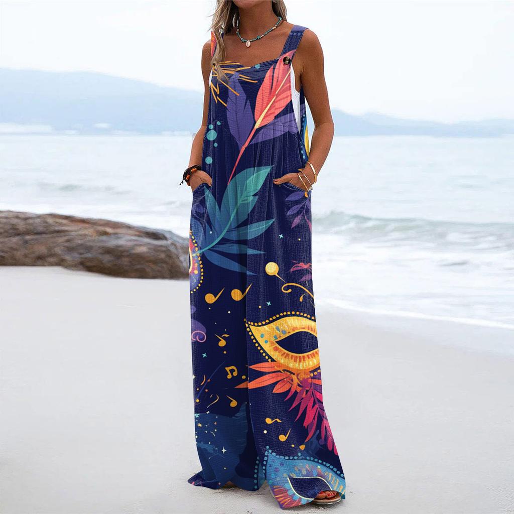 Wide Leg Overalls For Women Casual Loose Sleeveless Print Button Long Pant Romper Jumpsuit With Pockets