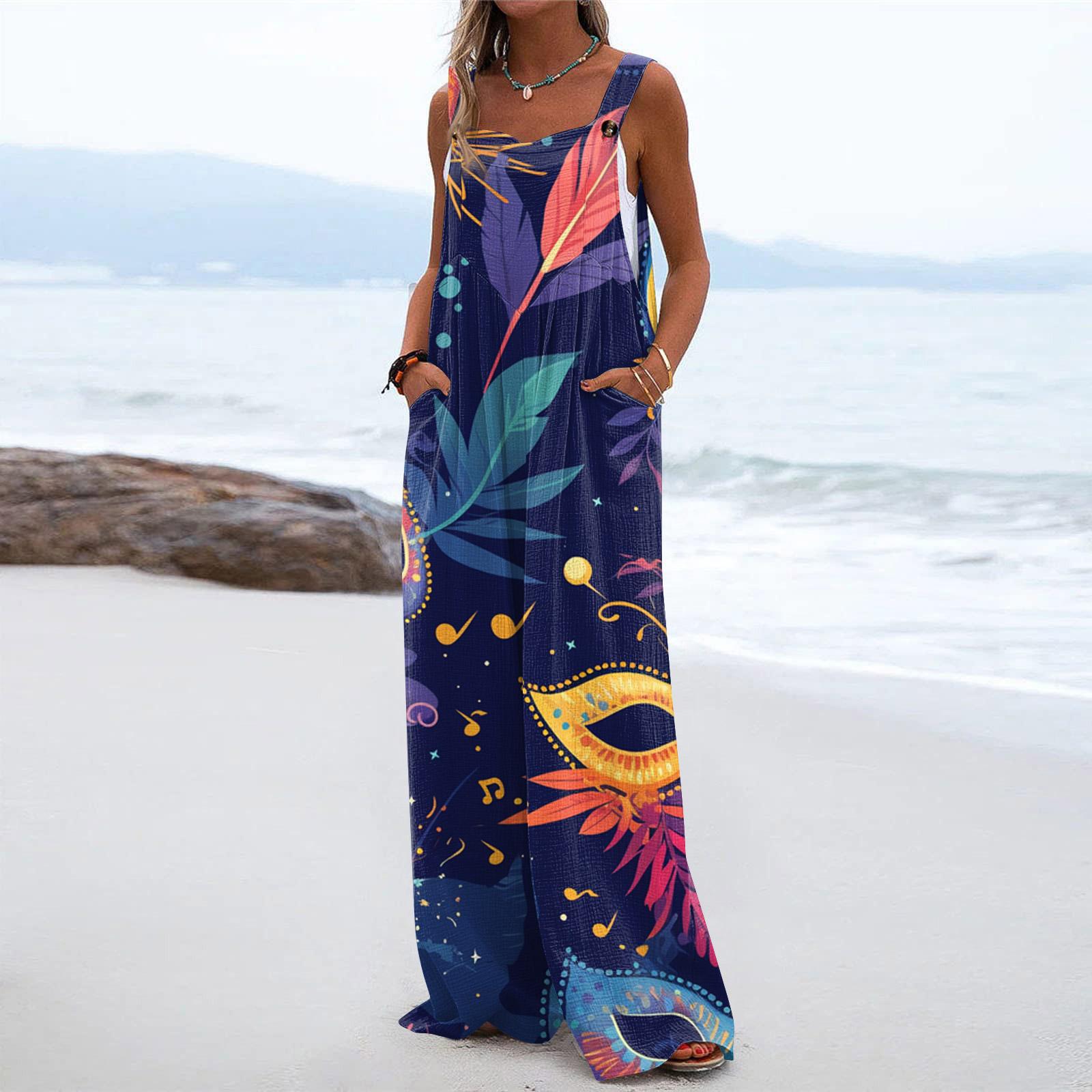 

Широкий комбинезон для женщин, повседневный свободный комбинезон без рукавов с принтом и пуговицами, длинные брюки, комбинезон с карманами M