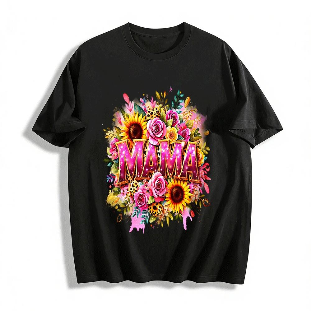Vintage Floral MAMA Print Casual Crew Neck Short Sleeve T-Shirt Pure cotton T-shirt XXS