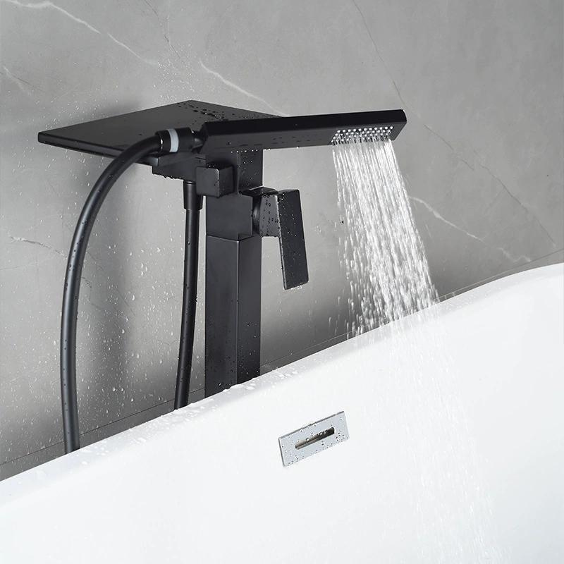 Tuqiu Black Bathroom Bathtub Faucet + Handheld Shower Free Standing Luxury White Waterfall BathTub Mixer Taps Floor Mounted