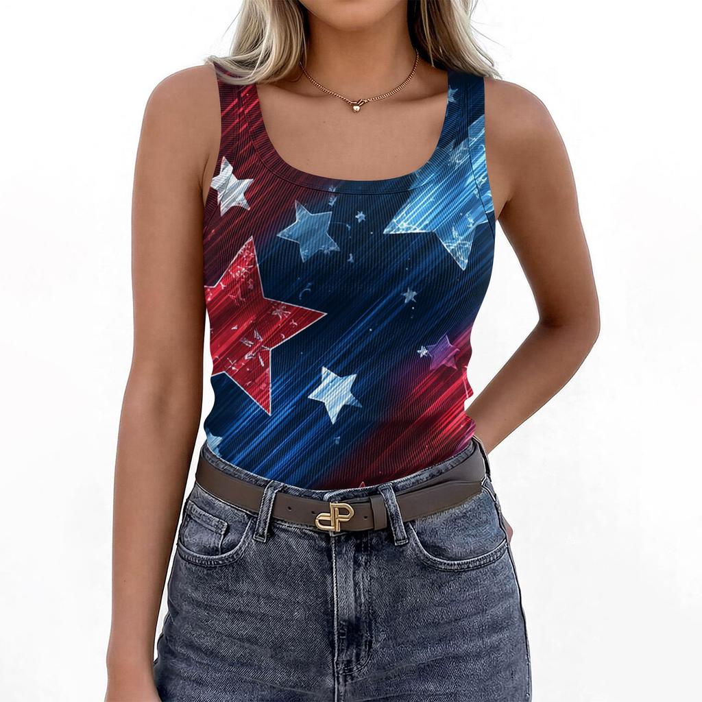 Women's Summer Fashionable Casual Independence Day Printed Round Neck Sleeveless Top Fitted Vest