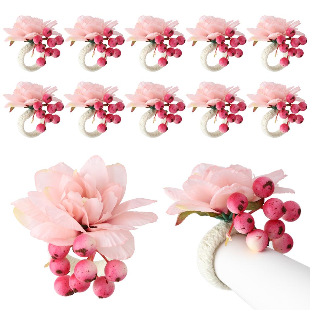 12Pcs Napkin Red Fruit Red Flowers Smoother Rugged Stylish Flower Napkin Ringfor Christmas Halloween