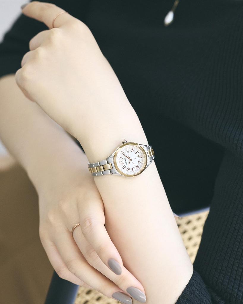 LUKIA SSQW092 Watch Grow Series Made in Japan Solar Radio Controlled Date Calendar Silver Lady Gold Dial Pink Gradient Pure Titanium Case and Band