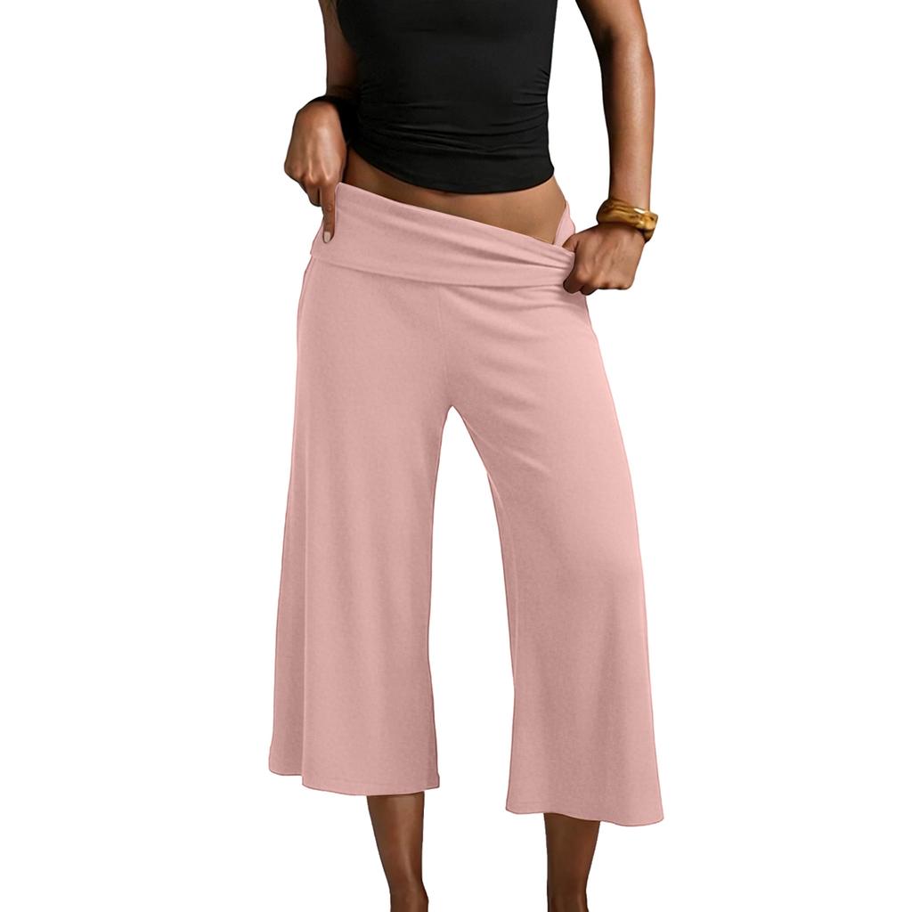 Pantaloni da Yoga da Donna a Gamba Larga Corti con Vita Pieghevole Vestibilità Rilassata Tessuto Morbido ed Elastico per il Comfort
